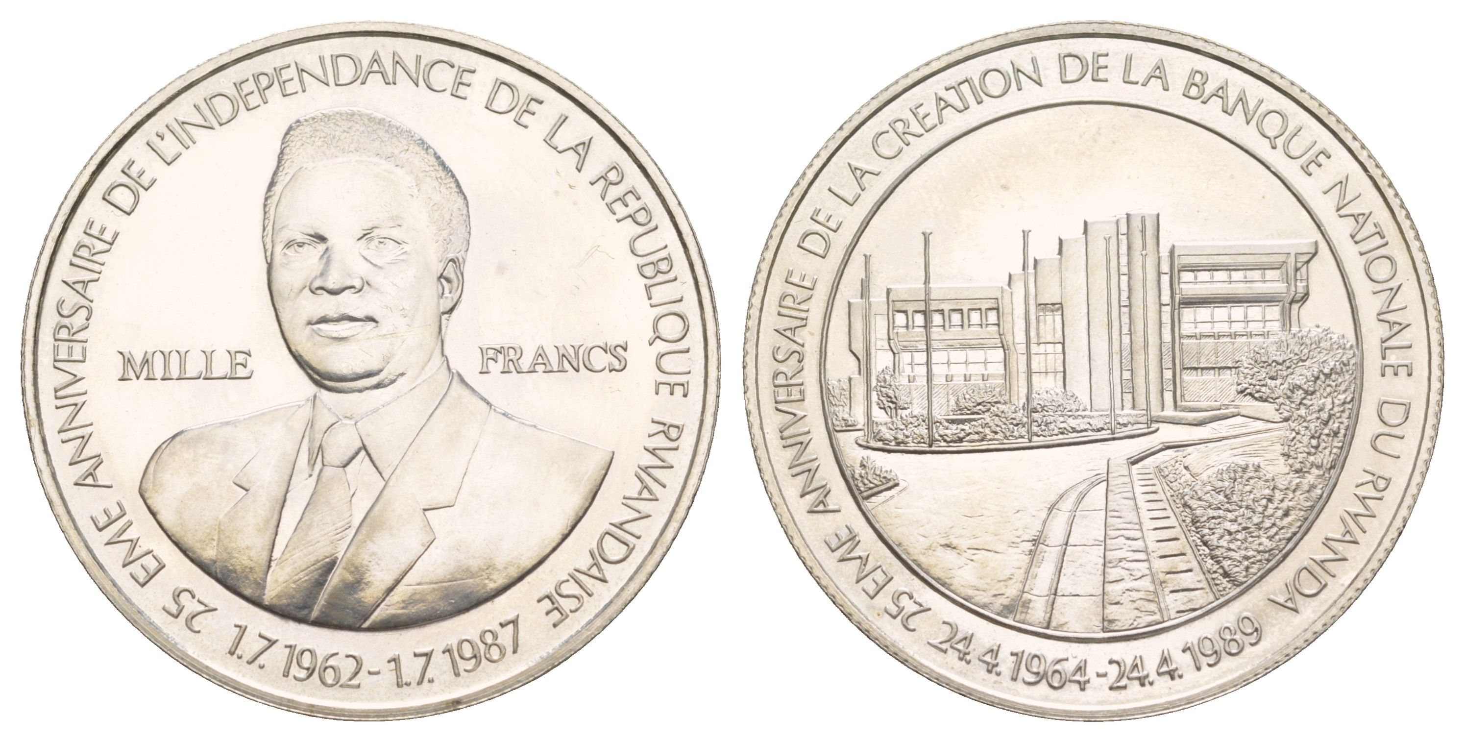 Руанда 1000 франков 1989 25 лет Независимости и Национальному банку Руанды, президент Хабиаримана KM 17 серебро BU 413-3333