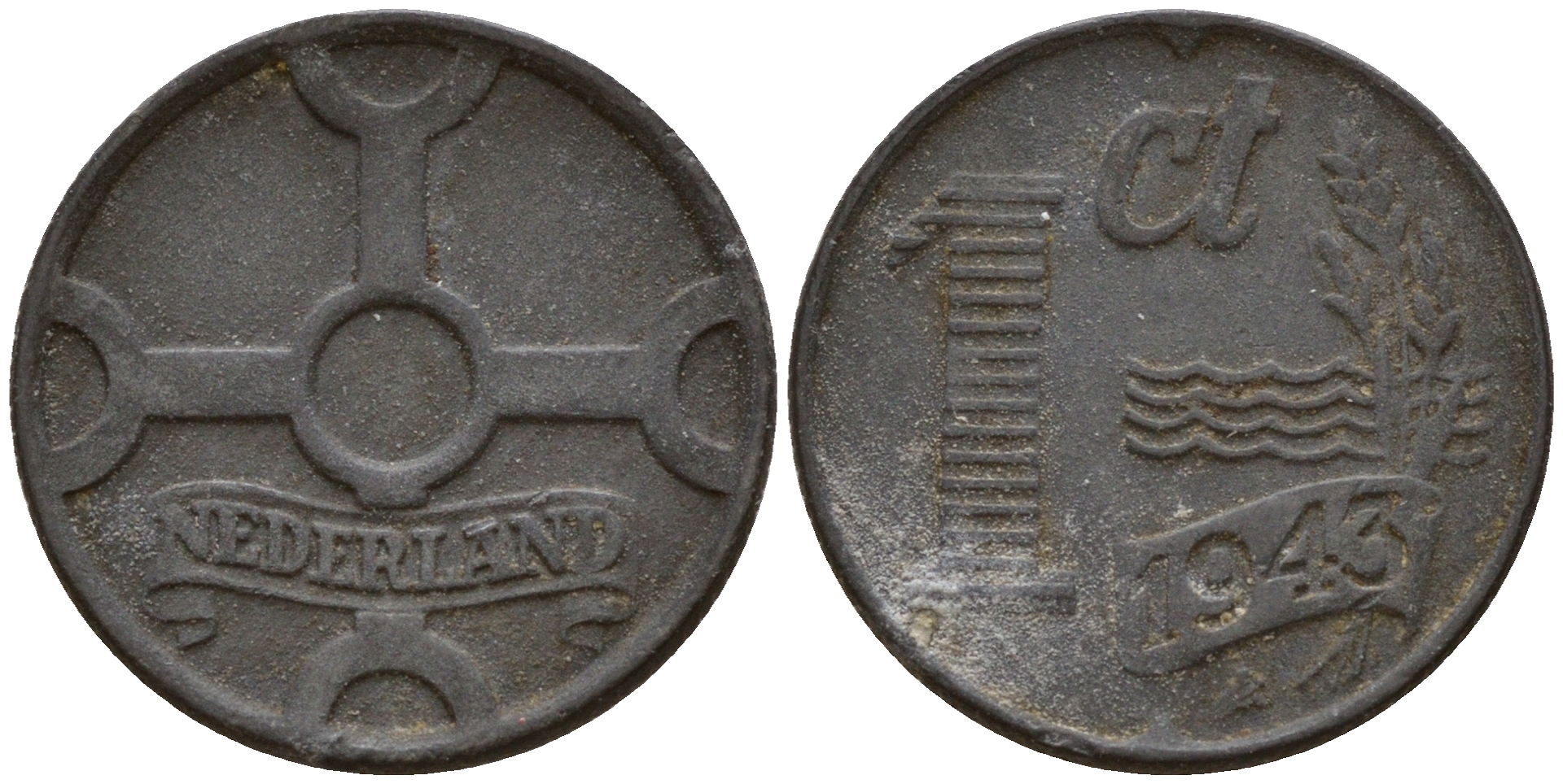 Нидерланды 1 цент 1943 Вильгельмина I (1890-1948) KM 170 цинк    4598-1248