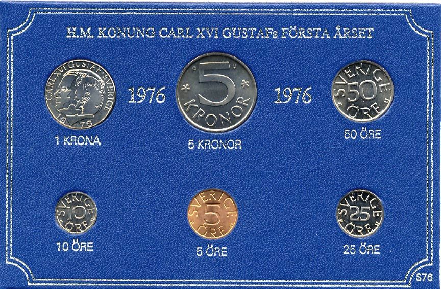Швеция набор монетного двора из 6 монет 1976 в картоне, Карл XVI Густав (1973- ) KM MS4 UNC 7-5-7-218