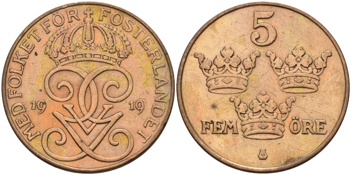 Швеция 5 эре 1919 Густав V (1907-1950) KM 779.2 бронза 4148-227