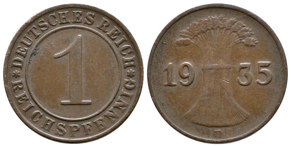 Германия 1 рейхспфенниг 1935 D KM 37, J. 313 бронза 220-118