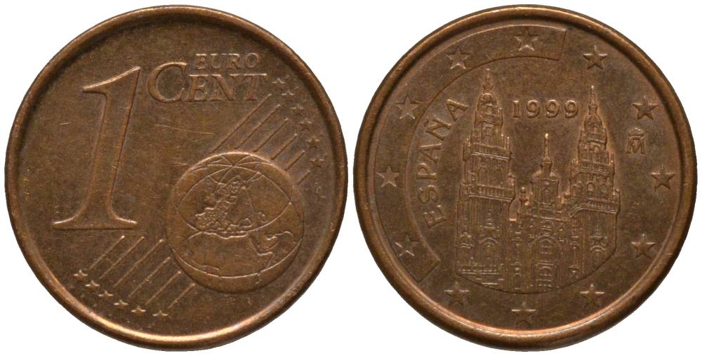 ИСПАНИЯ 1 ЕВРОЦЕНТ 1999 KM 1040 сталь плакированная медью 218-434