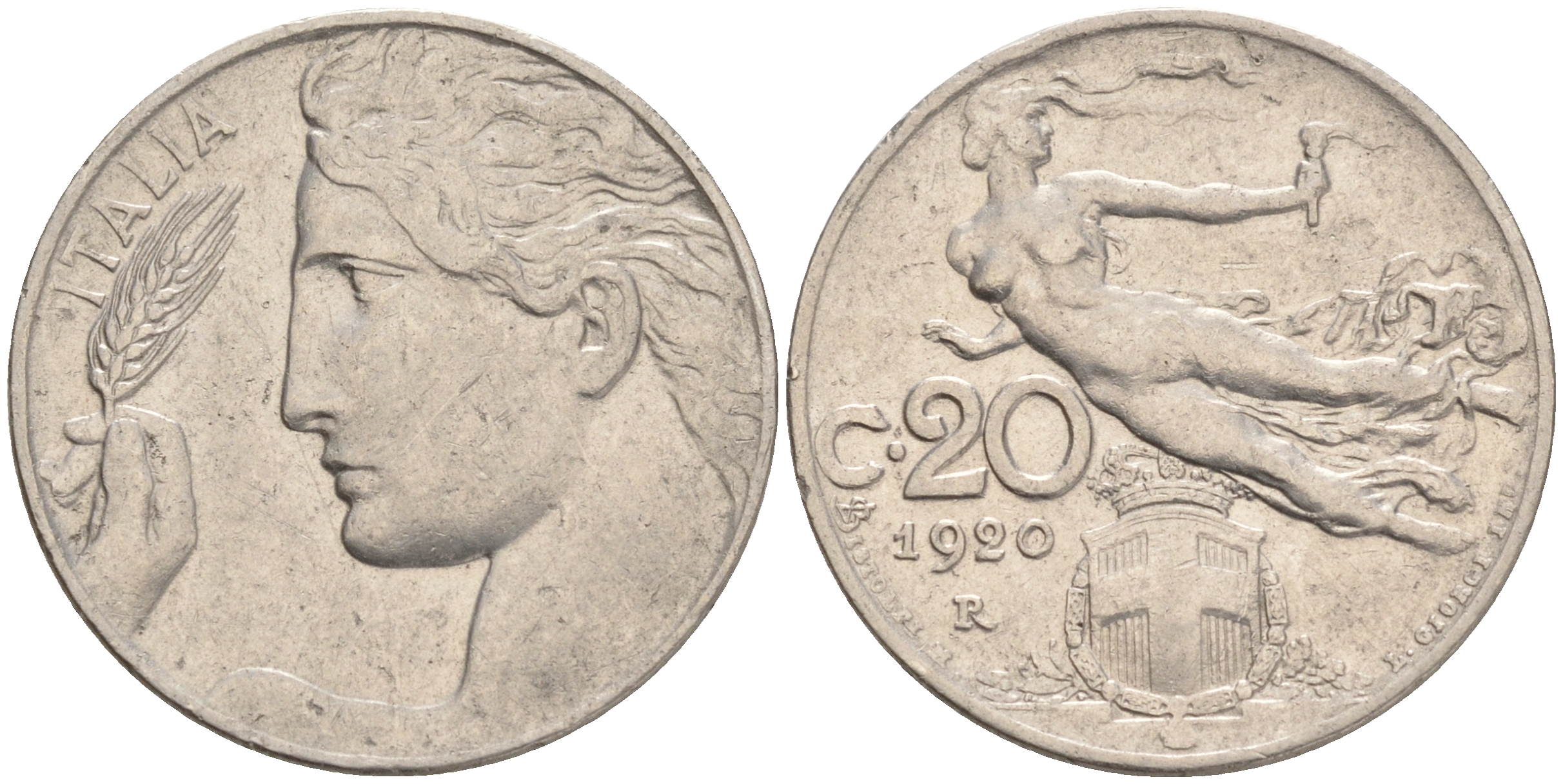 ИТАЛИЯ 20 ЧЕНТЕЗИМО 1920 R ВИКТОР ЭМАНУИЛ III KM 44 никель 4561-827