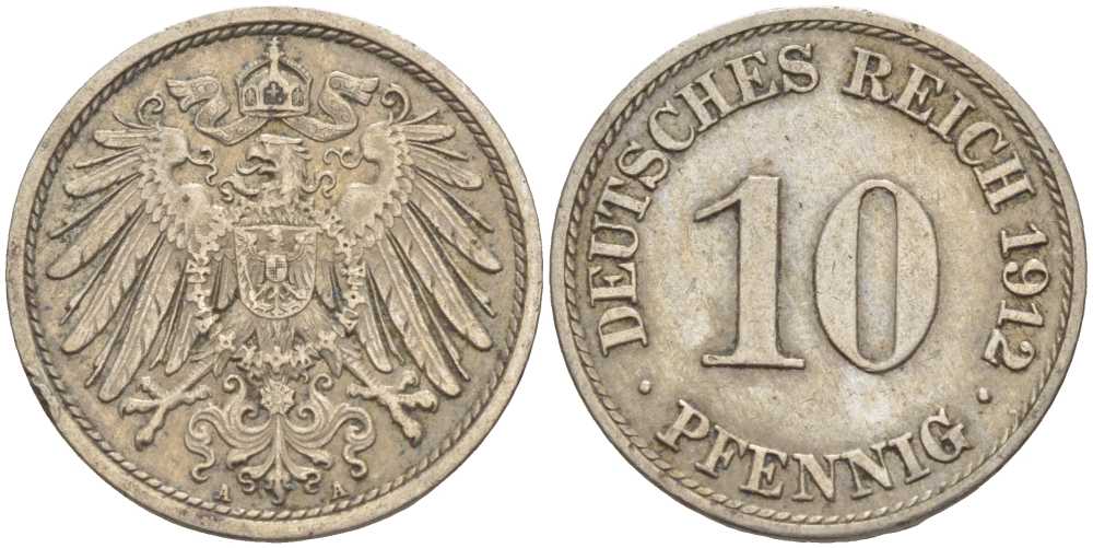 ГЕРМАНИЯ 10 ПФЕННИГОВ 1912 A KM 12, J. 13 медно-никель 33-121