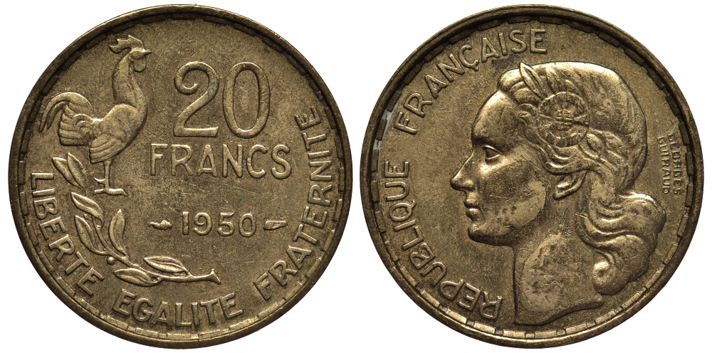 Франция 20 франков 1950 3 пера, полная подпись KM 916.1, LE FRANC 401.1 алюминиевая бронза 1530-811