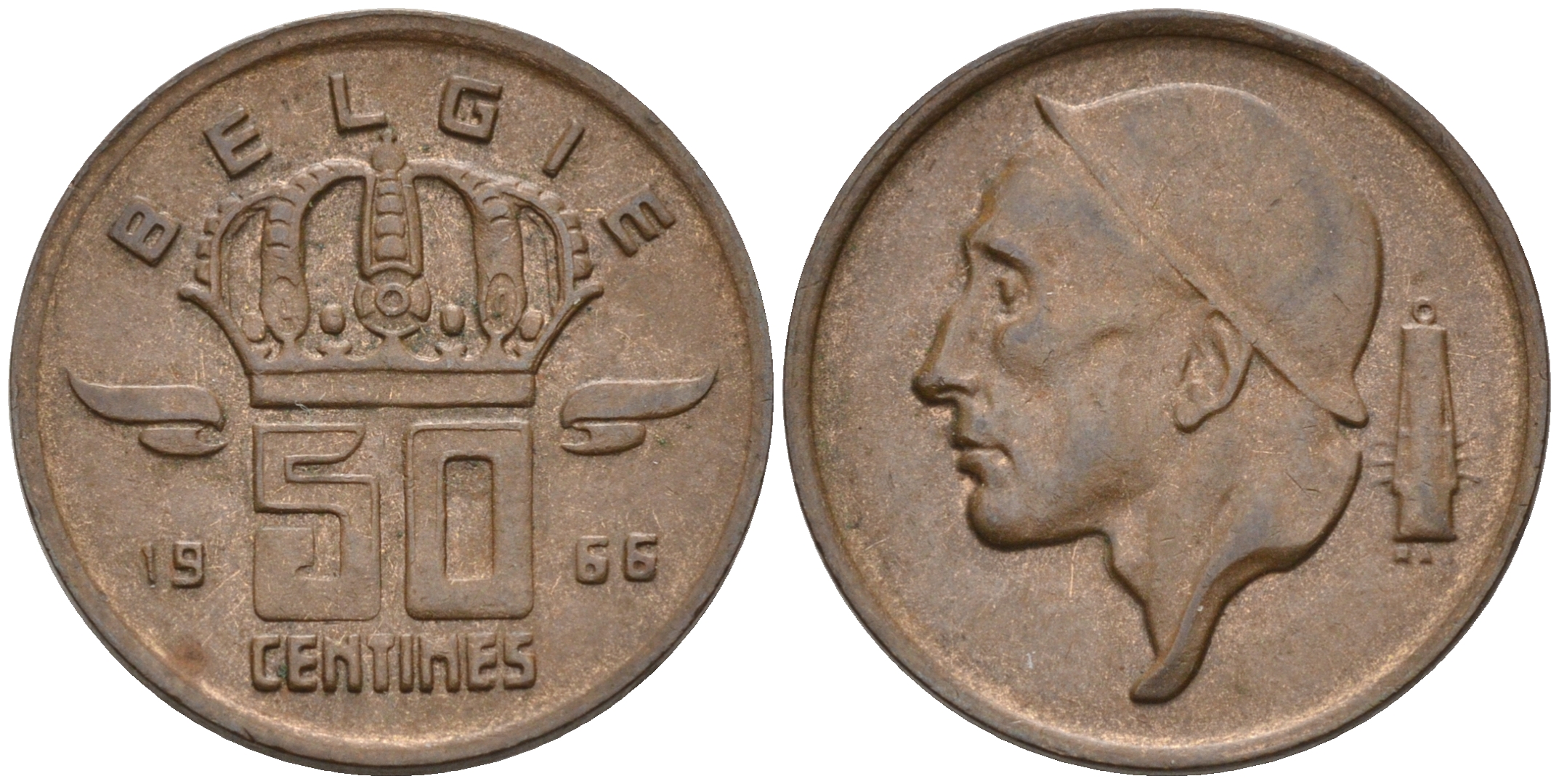 БЕЛЬГИЯ 50 САНТИМОВ 1966 BELGIE KM 149.1 бронза 4564-155