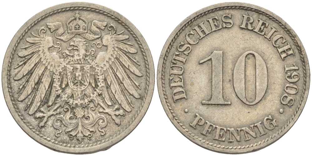 ГЕРМАНИЯ 10 ПФЕННИГОВ 1908 A KM 12, J. 13 медно-никель 31-425