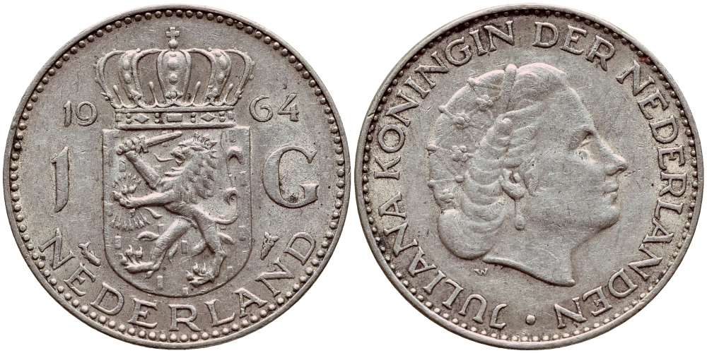Нидерланды 1 гульден 1964 Юлиана (1948-1980) KM 184 серебро 1522-144