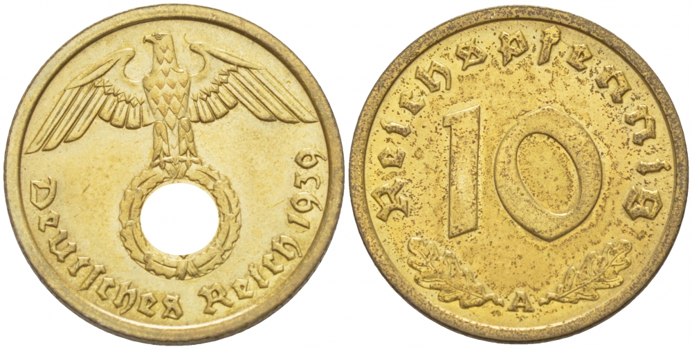 Германия 10 рейхспфеннигов 1939 A KM 92, J. 364 алюминиевая бронза 261-1047