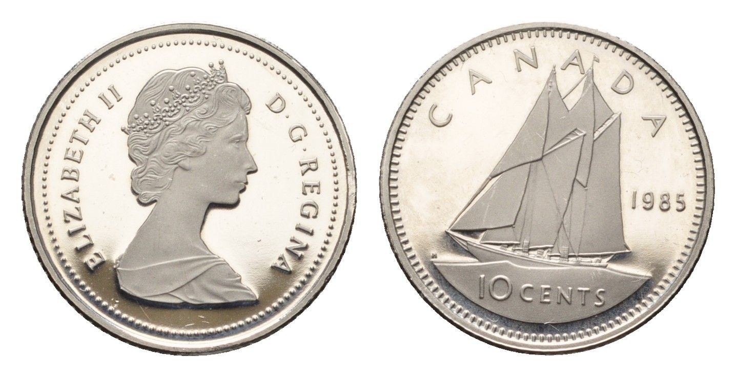 Канада 10 центов 1985 Елизавета II (1952-2022), парусник KM 77 никель PROOF 413-3733