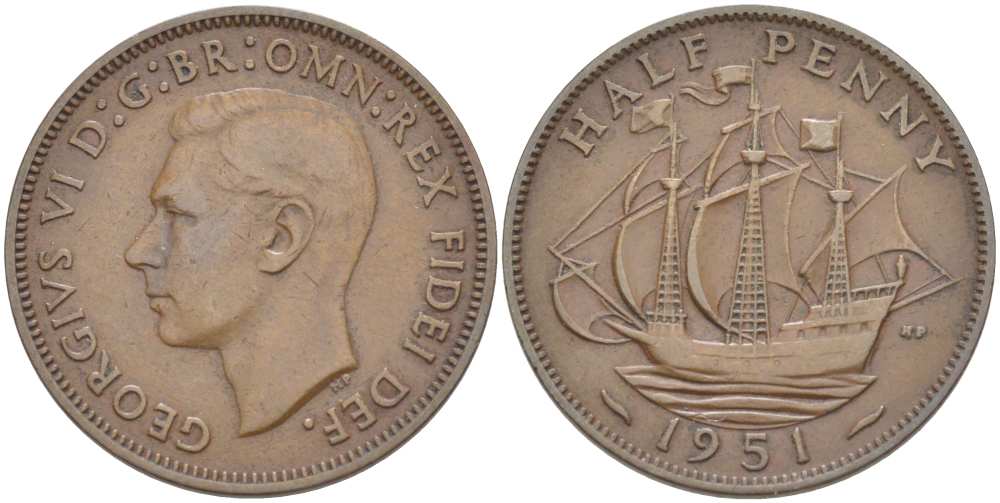 Великобритания 1/2 пенни 1951 Георг VI (1936-1952) KM 868, Spink 4118 бронза 1518-1421