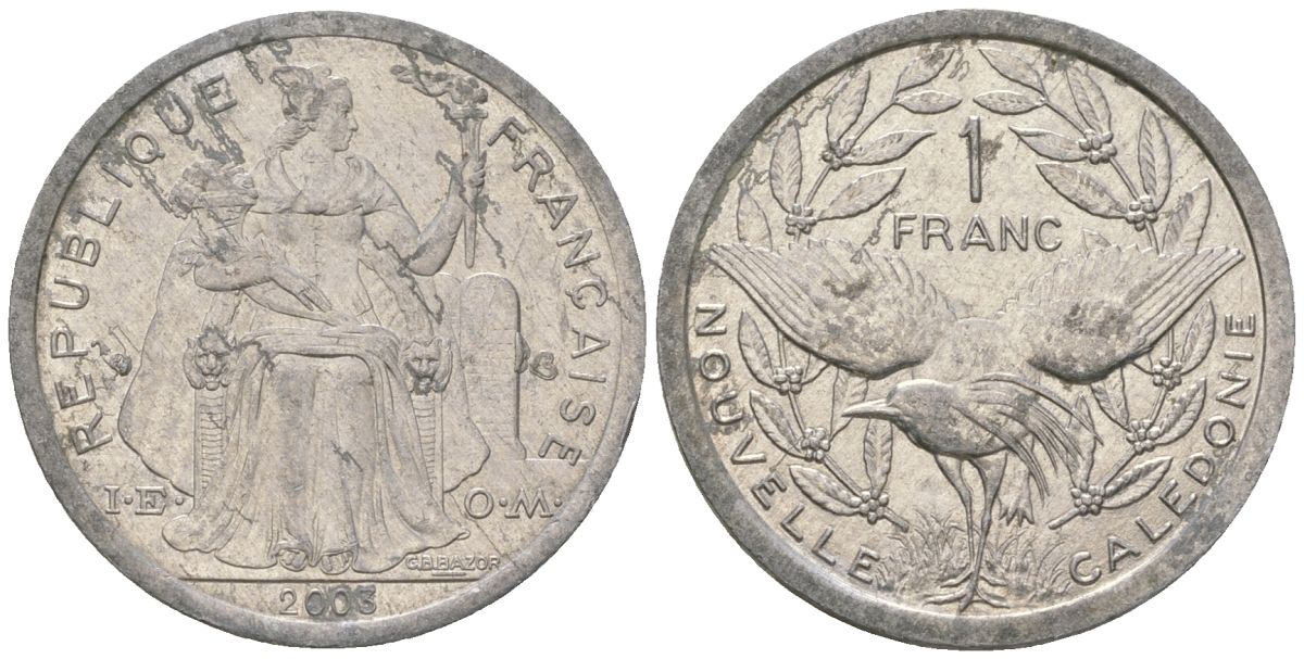 Французская Новая Каледония 1 франк 2003 птица кагу, (IEOM) KM 10, Schoen 10, Lec 52h алюминий 51-142