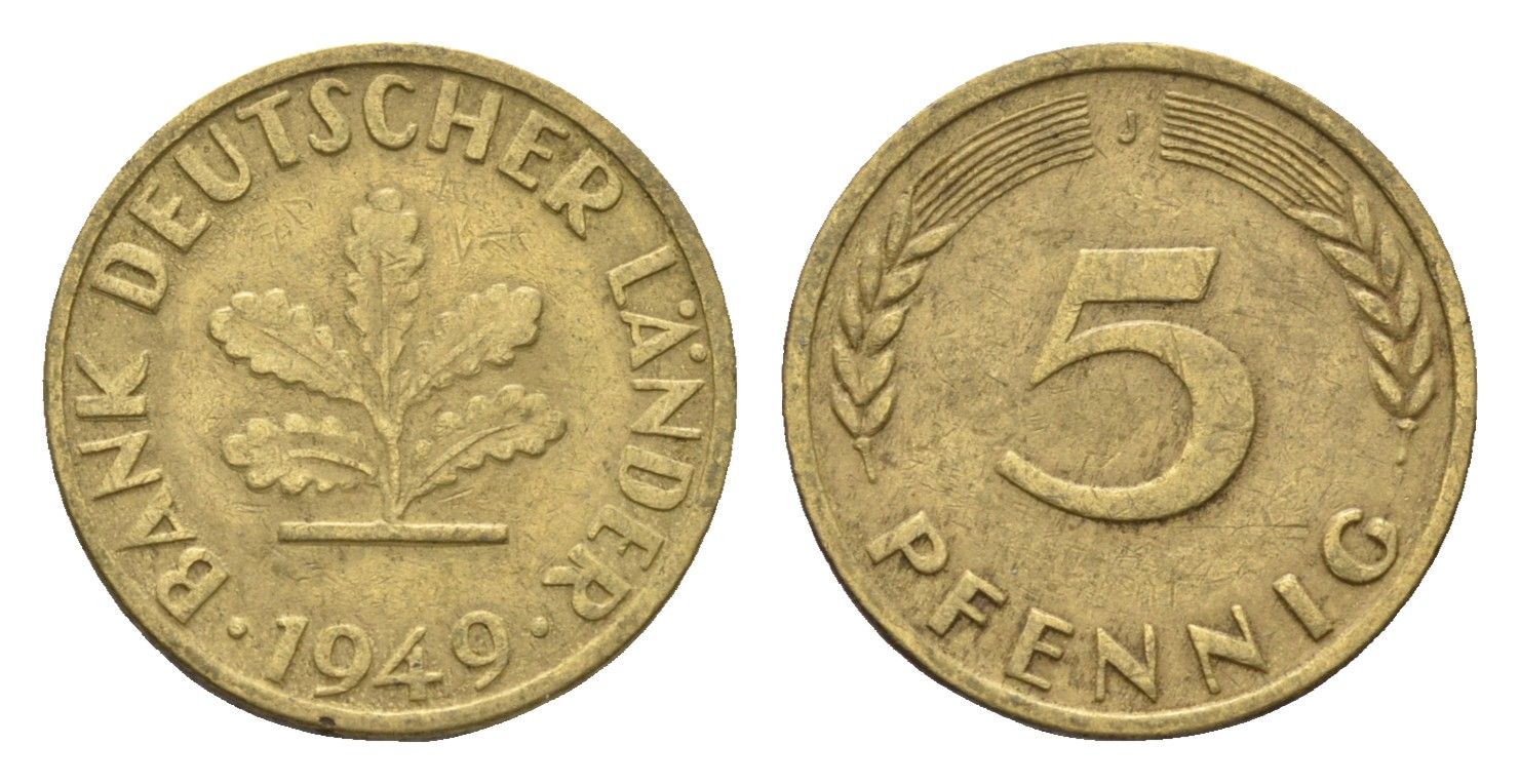 ФРГ 5 пфеннигов 1949 J KM 102, J. 377 сталь плакированная латунью 4685-412
