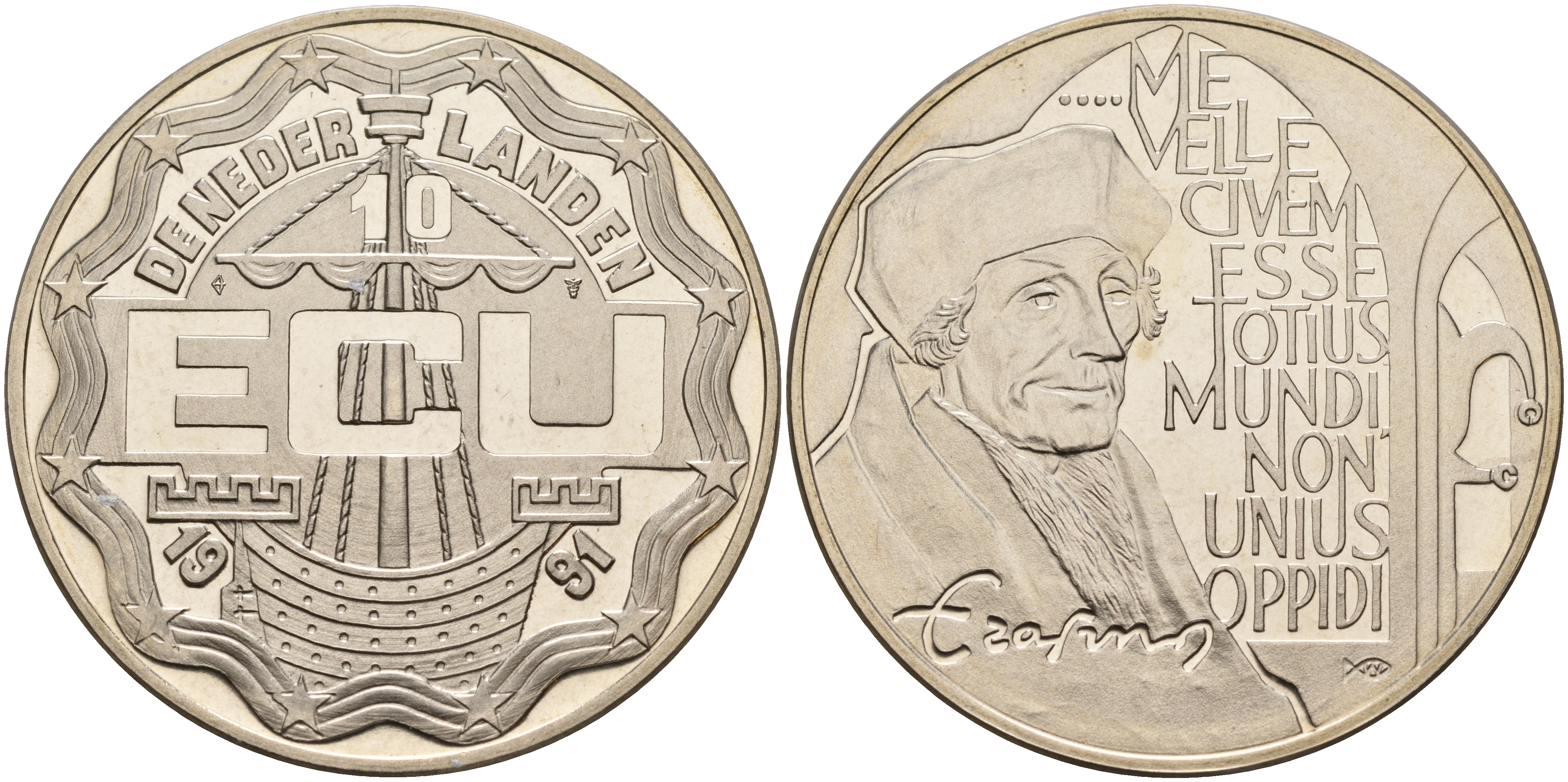 Нидерланды 10 экю 1991 Эразм Роттердамский медно-никель UNC 1066-4-35