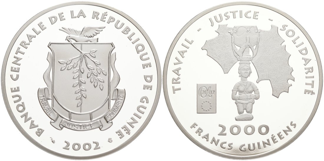 Гвинея 2000 франков 2002 Travail, Justice, Solidarite, тираж 500 экземпляров KM 65 серебро PROOF 00-801-22