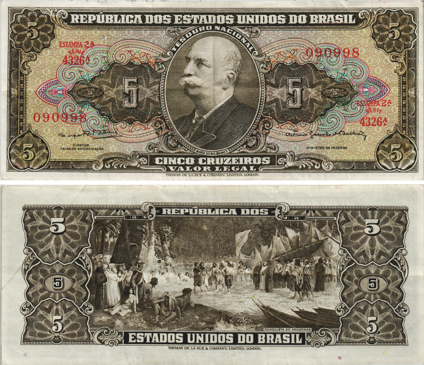 БРАЗИЛИЯ 5 КРУЗЕЙРО 1964 ESTAMPA 2А, БАРАО ДО РИО БРАНКО, СЕРИЯ 4326А, ПОДПИСЬ 14 Pick 176d бумага 8605-44-3-1