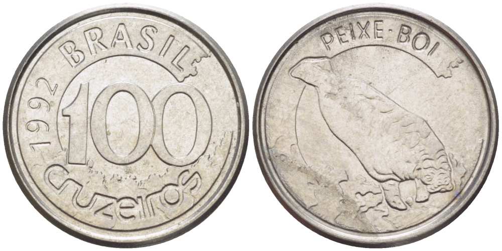 БРАЗИЛИЯ 100 КРУЗЕЙРО 1992 РЕФОРМА 1990-1993, ЛАМАНТИН KM 623 нержавеющая сталь 4387-1049