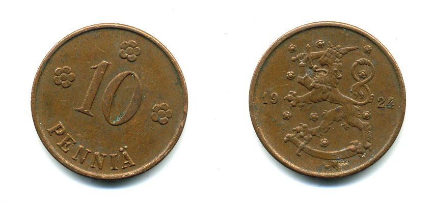 Финляндия 10 пенни 1924 республика (1918-1962) KM 24 медь 46-1061