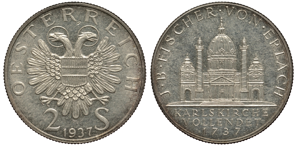 Австрия 2 шиллинга 1937 200 лет церкви Святого Чарльза в Вене KM 2859 серебро 413-6011