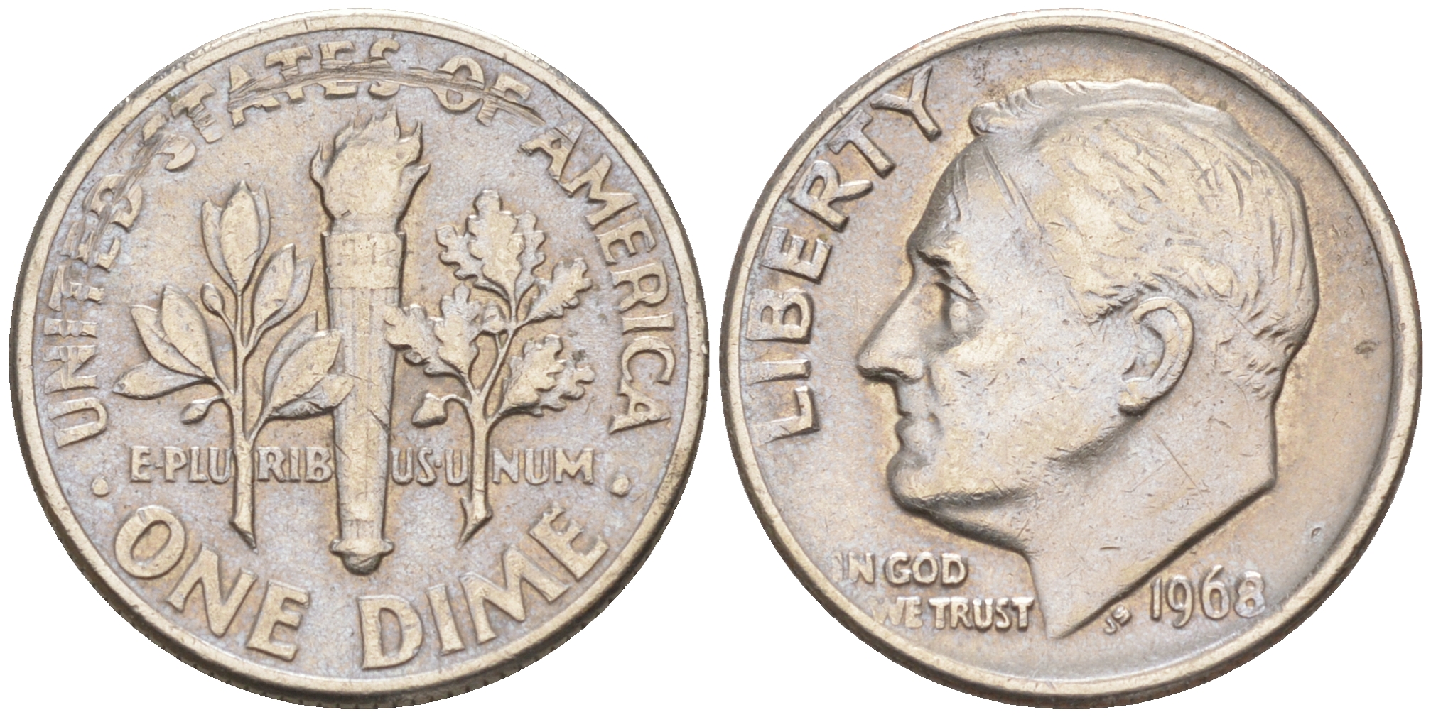 США 10 ЦЕНТОВ = 1 ДАЙМ 1968 РУЗВЕЛЬТ KM 195a медь плакированная медно-никелем 188-415