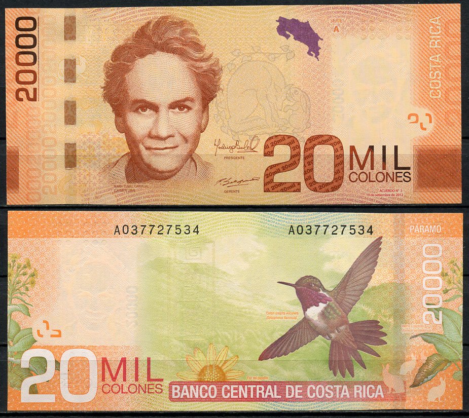 Коста-Рика 20000 колонов 2012 Кармен Лира, колибри Pick 278 b  бумага  UNC (пресс) 451-544-3