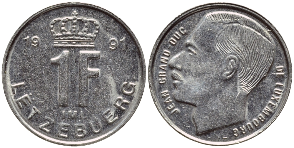 ЛЮКСЕМБУРГ 1 ФРАНК 1991 ВЕЛИКИЙ ГЕРЦОГ ЖАН KM 63 никель сталь 4396-1144