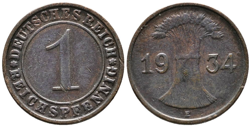 ГЕРМАНИЯ 1 РЕЙХСПФЕННИГ 1934 E KM 37, J. 313 бронза 39-1068