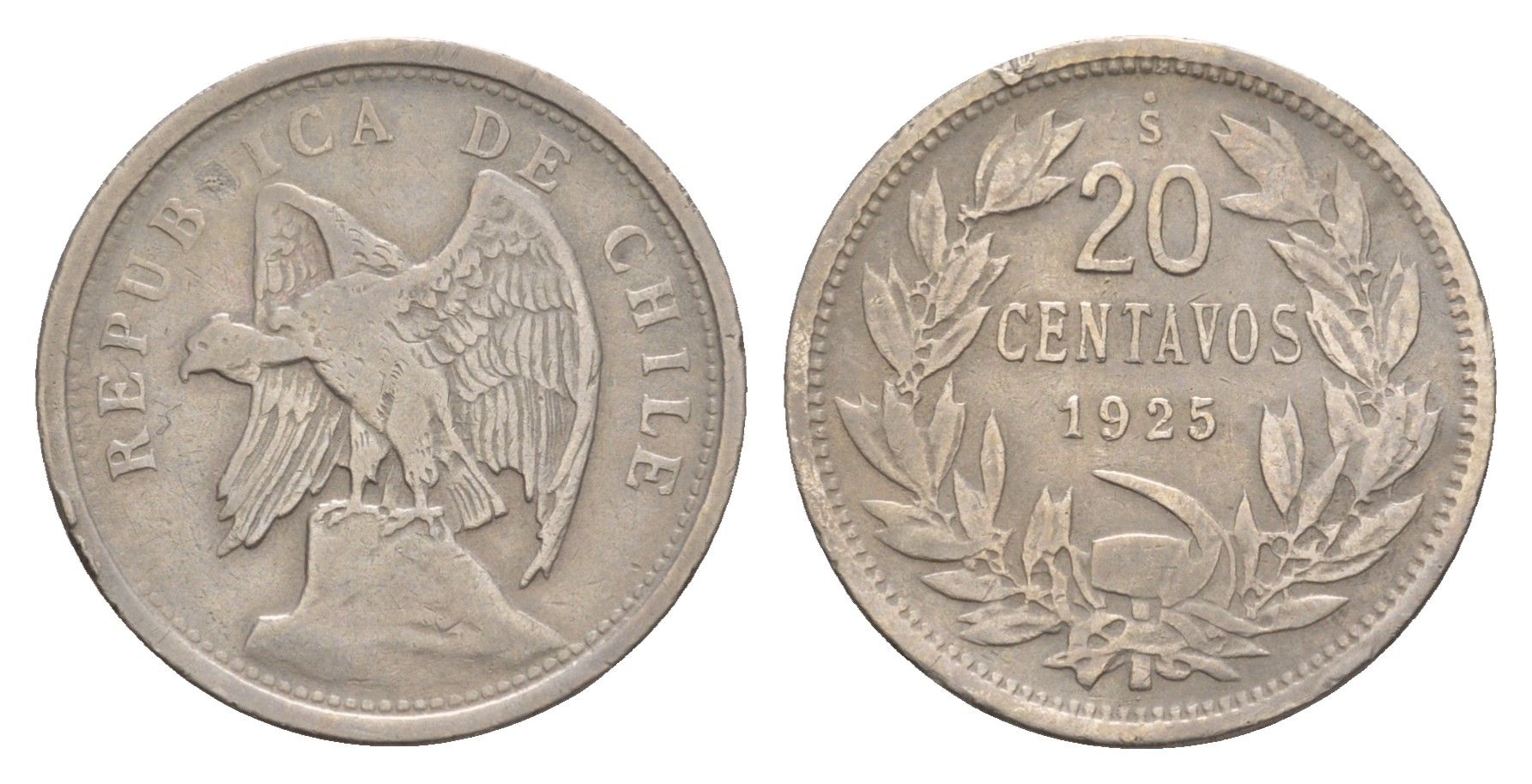 Чили 20 сентаво 1925 KM 167 медно-никель 4656-152