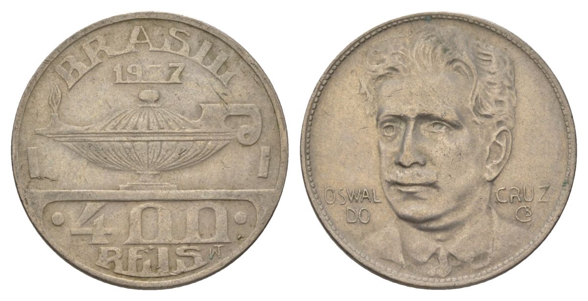 Бразилия 400 реалов 1937 Освалду Крус KM 539 медно-никель 4624-1243