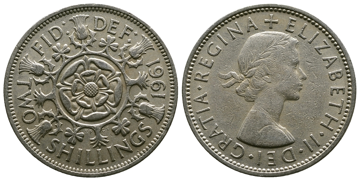 Великобритания 2 шиллинга (флорин) 1961 Елизавета II (1952-2022) KM 906, Spink 4146 медно-никель 4382-241