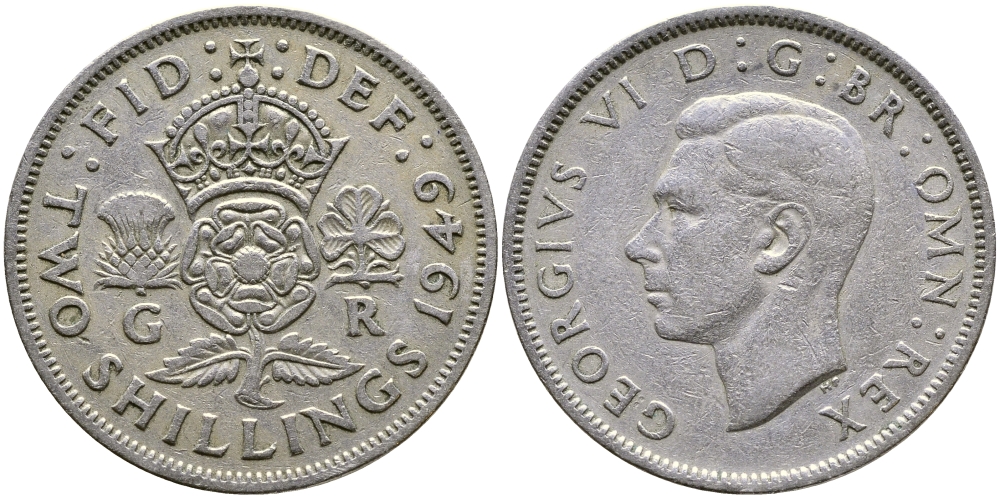 Великобритания 2 шиллинга (флорин) 1949 Георг VI (1936-1952) KM 878, Spink 4107 медно-никель 4168-421