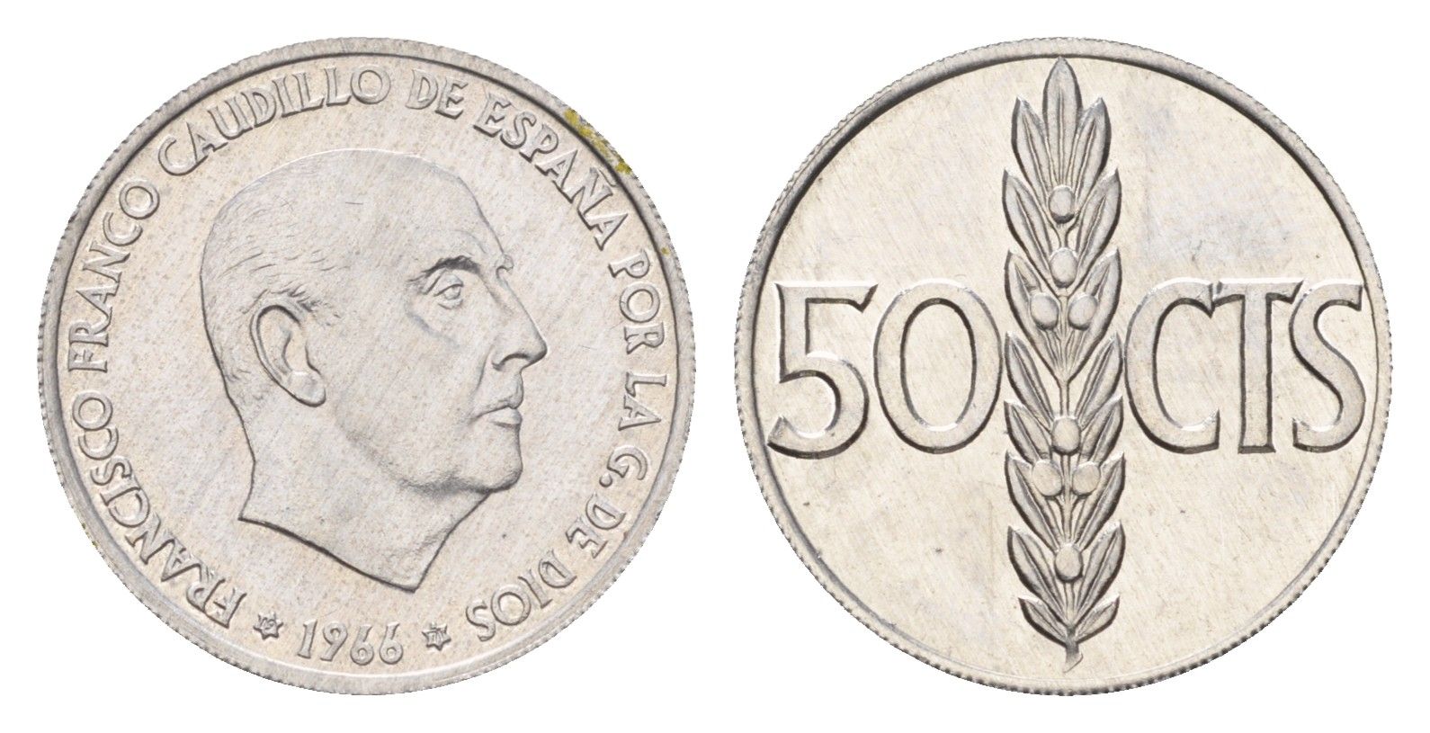 Испания 50 сентимо 1966 (71) Франсиско Франко (1939-1975) KM 795 алюминий 4684-1255