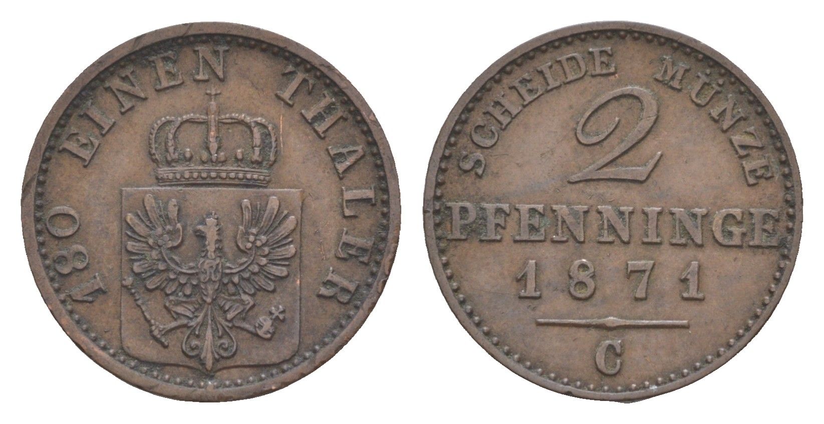 Пруссия 2 пфеннига 1871 C, Вильгельм I (1861-1888) KM 481, Jaeger 51, AKS 107, Olding 425 медь 4651-247