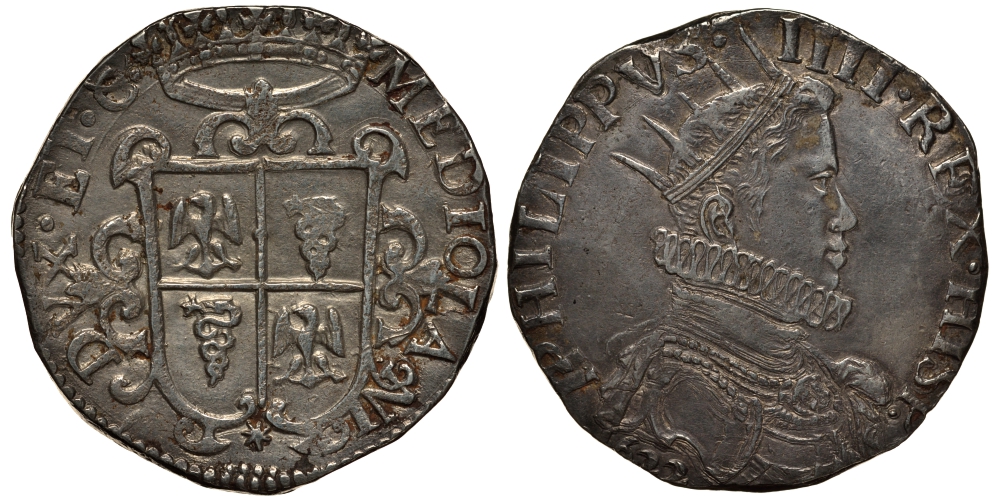 Милан 1 дукатон 1622 Филипп IV Испанский Dav. 4001, Crippa 11 (R3) серебро 00-000-00