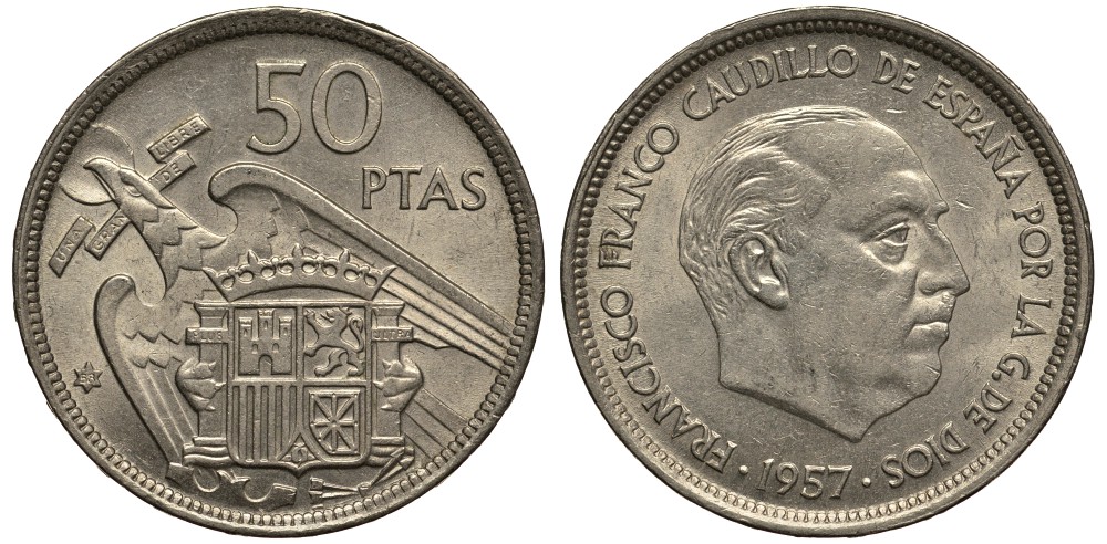 Испания 50 песет 1957 (58) Франсиско Франко (1939-1975) KM 788 медно-никель 4185-714