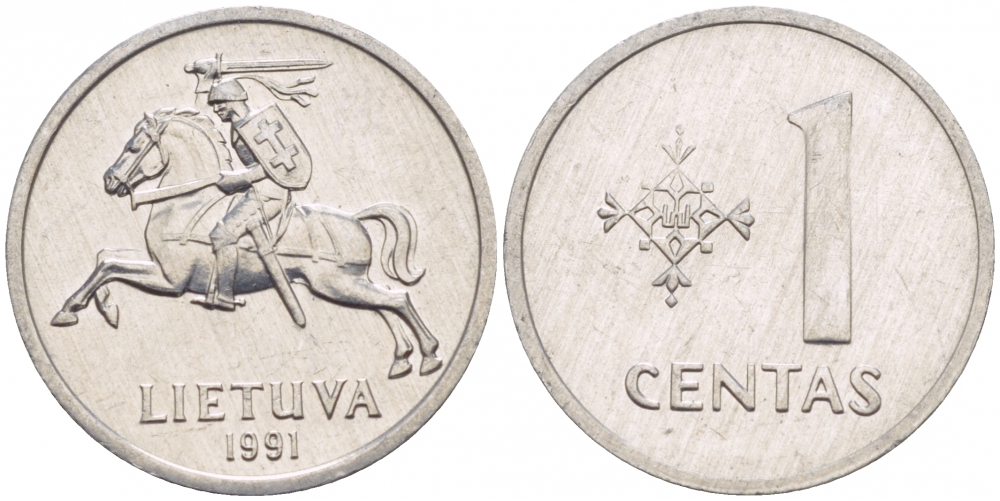 ЛИТВА 1 ЦЕНТ 1991 ГОД ТИП KM 85 алюминий UNC 4547-1144