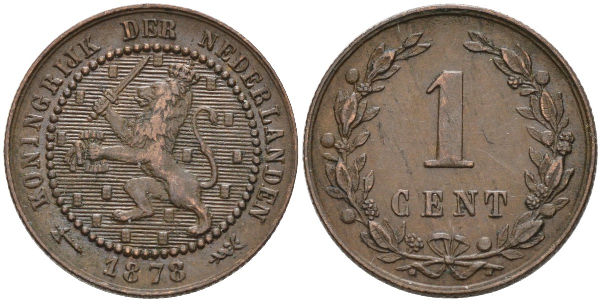 Нидерланды 1 цент 1878 Виллем III (1849-1890) KM 107 бронза 4576-547