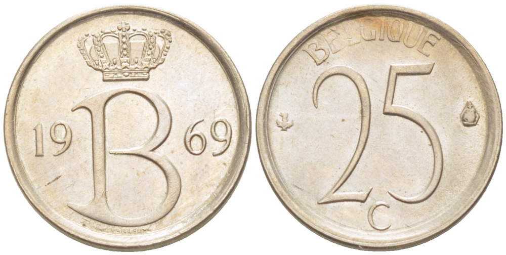 БЕЛЬГИЯ 25 САНТИМОВ 1969 BELGIQUE KM 153.1 медно-никель UNC 3996-1013