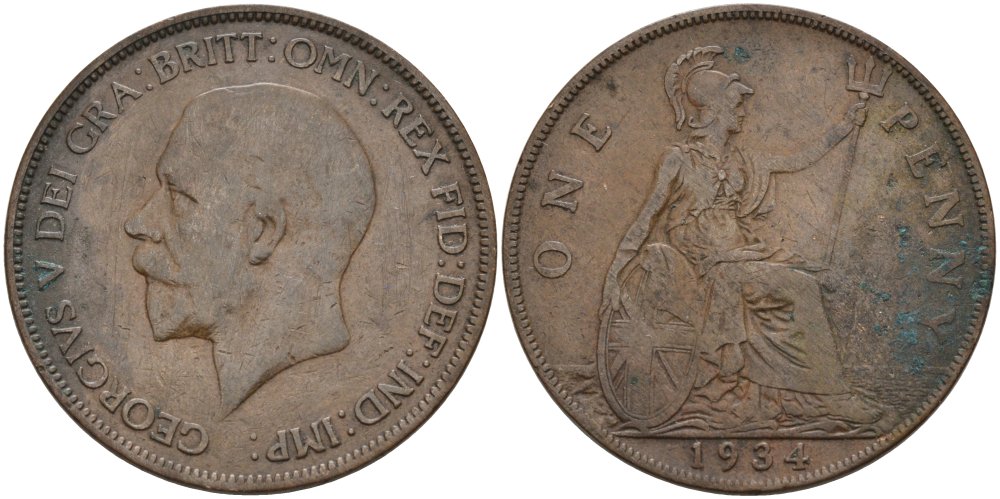 Великобритания 1 пенни 1934 Георг V (1910-1936) KM 838, Spink 4055 бронза 4389-1025