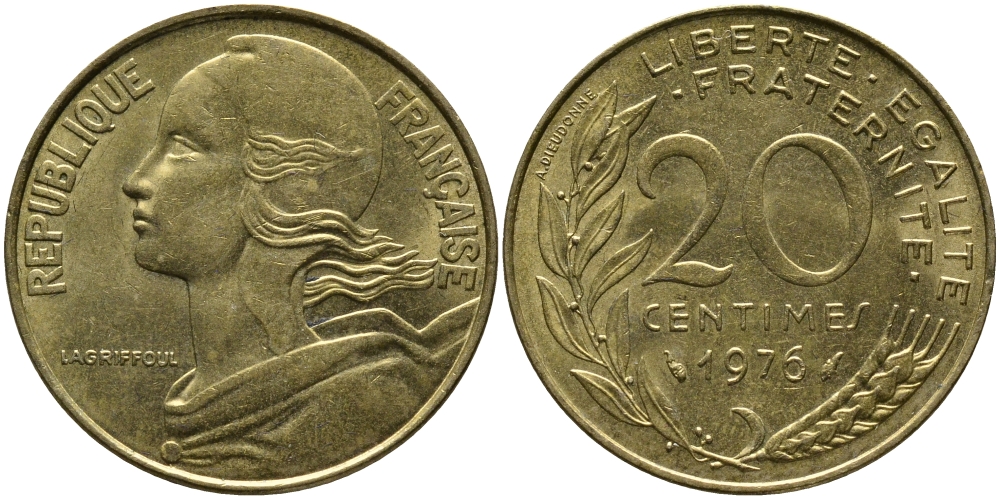 ФРАНЦИЯ 20 САНТИМОВ 1976 KM 930 медь алюминий никель 98-337