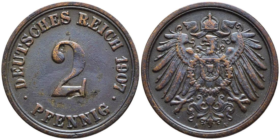 ГЕРМАНИЯ 2 ПФЕННИГА 1907 A KM 16, Jager 11, Weege 4 медь 4546-641