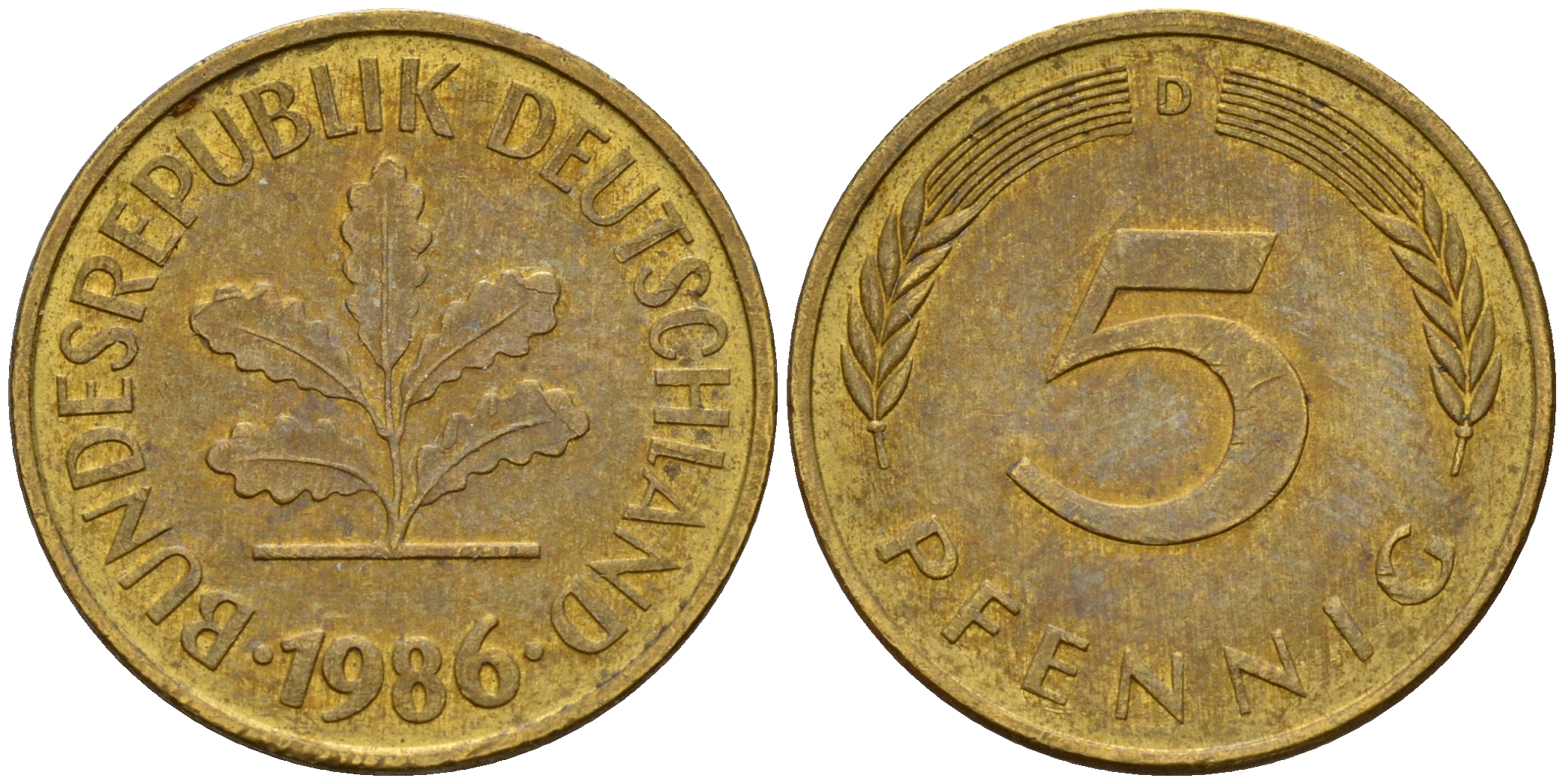 ФРГ 5 пфеннигов 1986 D J.382, KM 107 сталь плакированная латунью    4598-1047