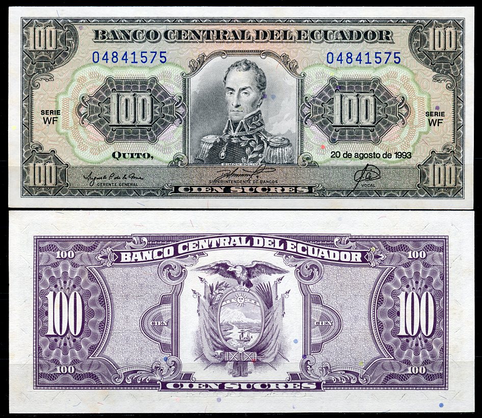 Эквадор 100 сукре 1993 Симон Боливар, 20 августа, серия WF Pick 123А b  бумага  UNC (пресс) 449-93-1
