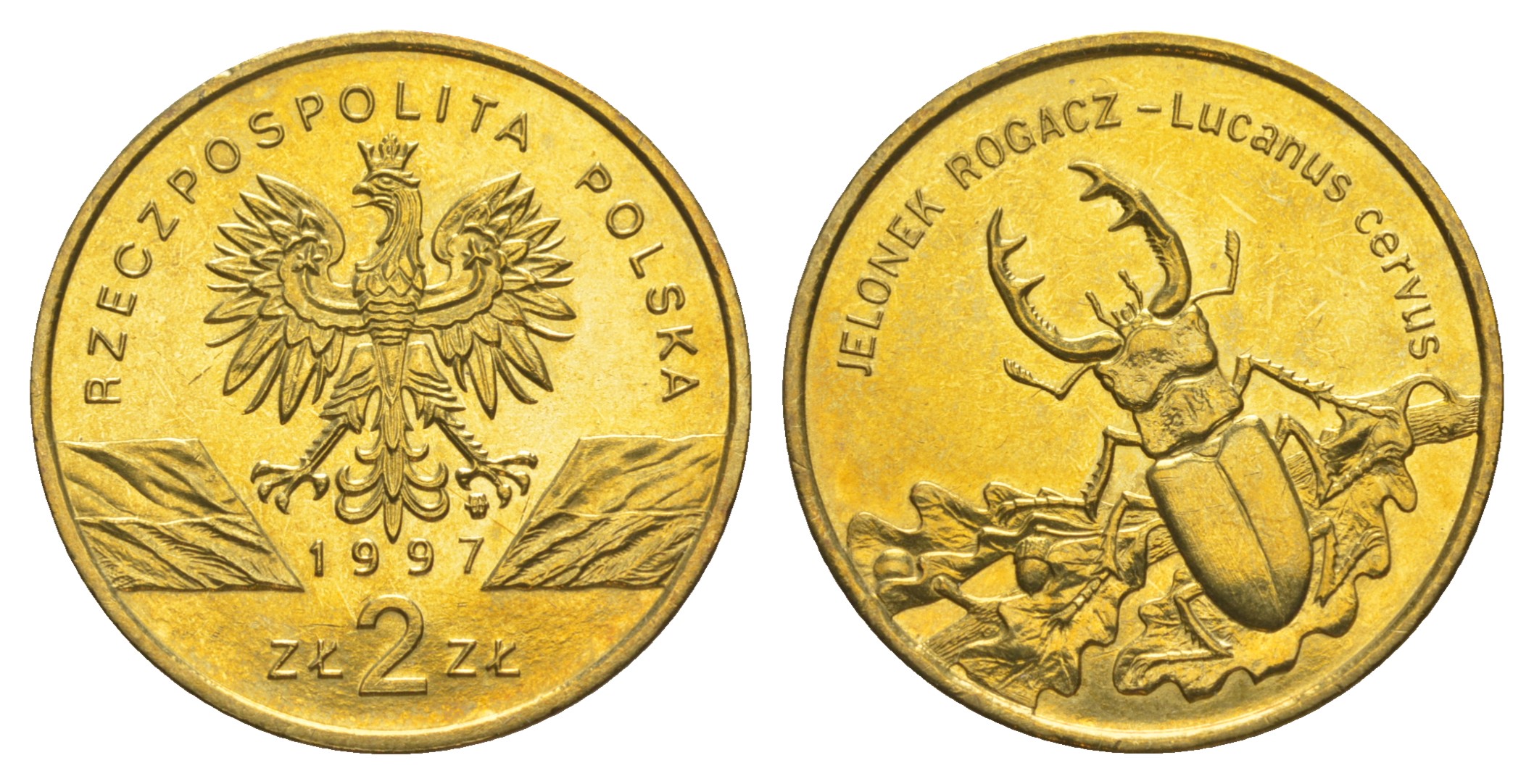 Польша 2 злотых 1997 MW, серия сохраним природу, жук-олень KM 329 нордик  UNC 413-5611