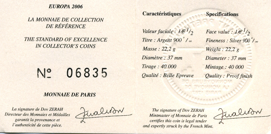Франция 1 1/2 евро 2006 Декларация Шумана, день Европы 9 мая 1950 года, в оригинальной коробке, с сертификатом серебро PROOF 7-5-4-06
