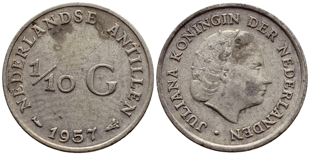 Нидерландские Антилы 1/10 гульдена 1957 Юлиана (1948-1980) KM 3 серебро 46-847