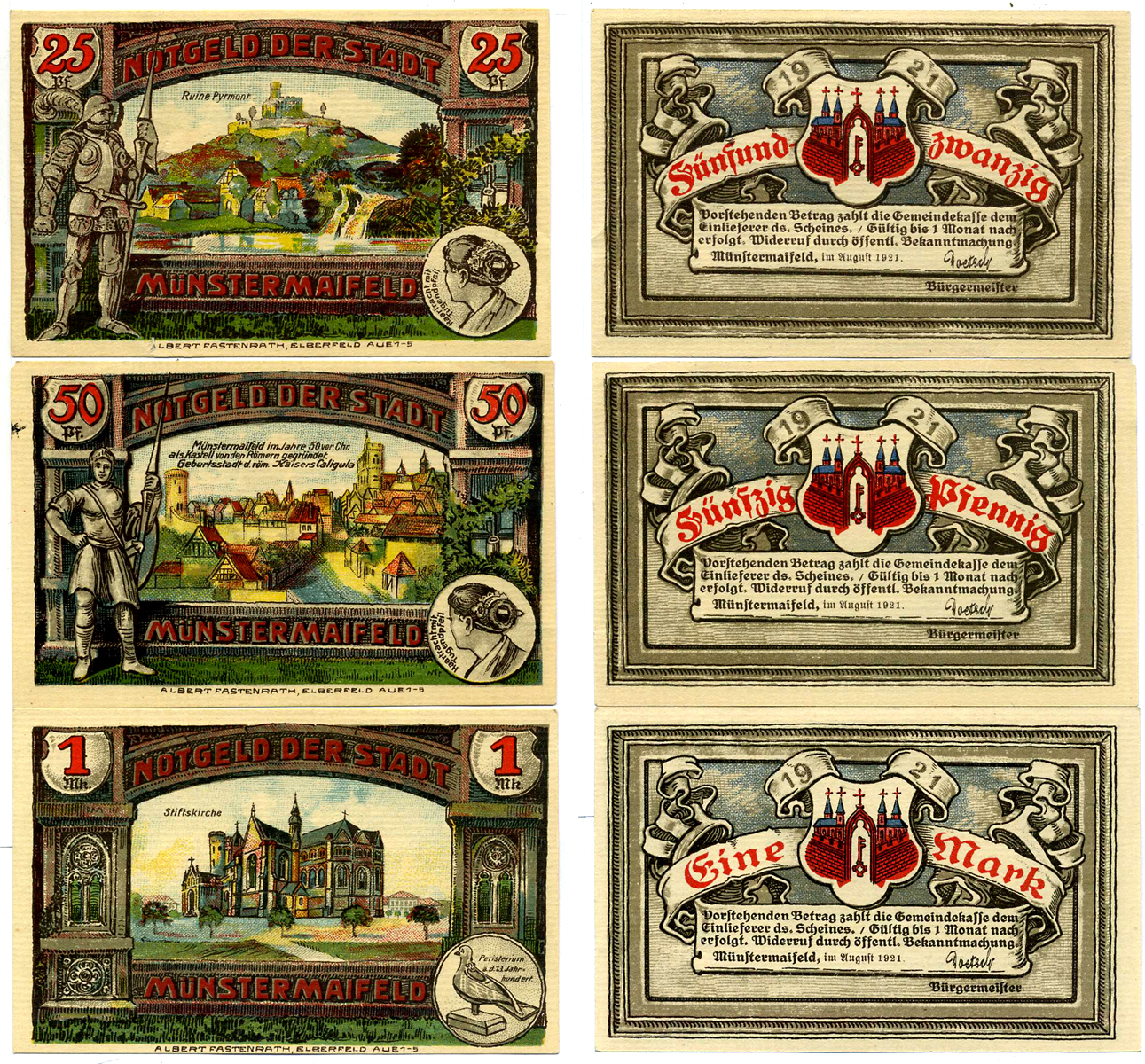 Германия, Мюнстермайфельд лот из 3 банкнот 1921 нотгельд, август 1921, (25, 50 пфеннигов, 1 марка), земля Рейнланд-Пфальц., с голубем, редкий типаж Grabowski 919.3 бумага 2193-5-1-1