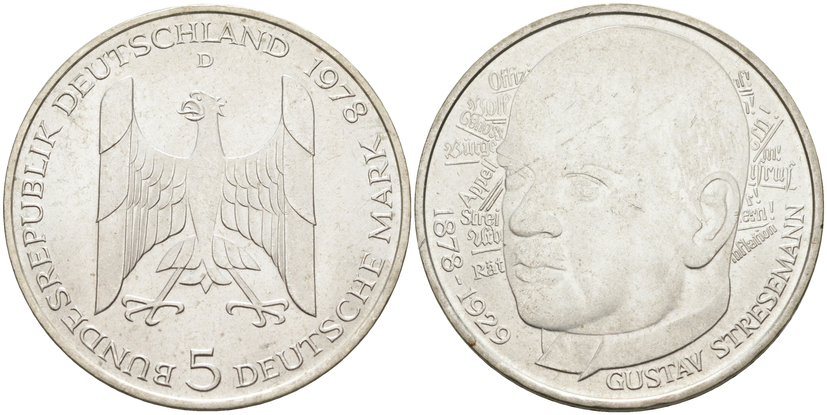 ФРГ 5 марок 1978 D, 200 лет со дня рождения Густава Штреземана J. 422, KM 147 серебро  UNC  4117-244