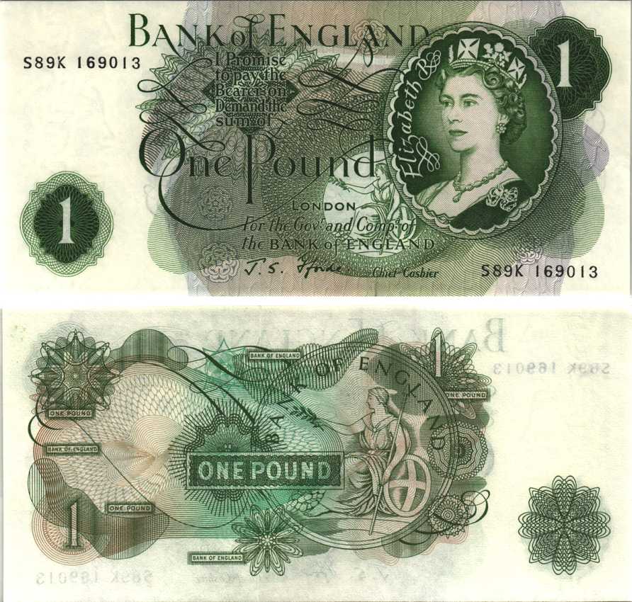 АНГЛИЯ 1 ФУНТ 1966-1970 ПОДПИСЬ J.S. FLORDE Pick 374e бумага aUNC 7218-77-2