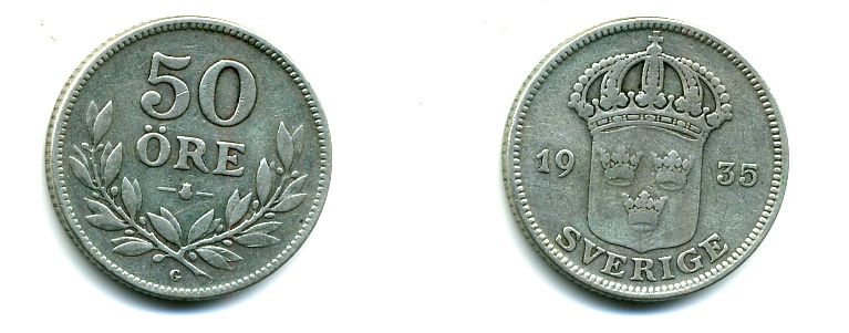 ШВЕЦИЯ 50 ЭРЕ 1935 серебро 45-442